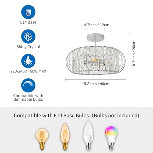 ANWIO Crystal Ceiling Lamp, Living Room Glass Ceiling Lamp with 3 E14 Base, Modern Silver Pendant Lamp, Crystal Ceiling Lamp with Bedroom, Kitchen, Dining Room (40 cm, Without Bulb)