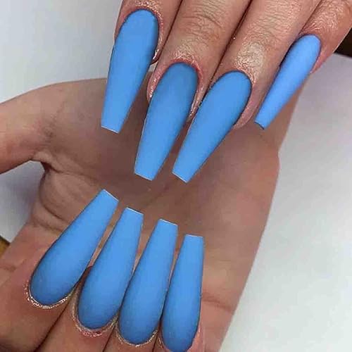 Outyua Matte Super Long Press on Nails with Design Coffin Blue