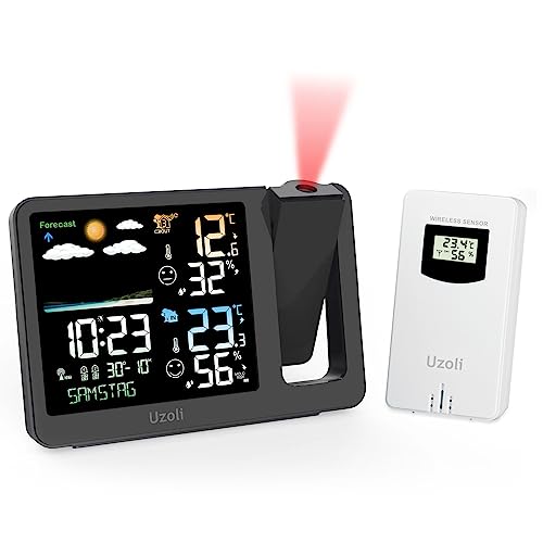 Uzoli Alarm Clock with Projector Ceiling Projection Clock Weather Station, Outdoor Sensor Thermometer Indoor Hygrometer Weather Forecast Comfort Level Mold Risk -EM3539A