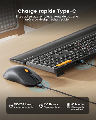 ProtoArc KM60 Rechargeable Wireless Keyboard Mouse Pack with Wrist Rest, Full Size, 2.4G + 2 x Bluetooth, for Laptop, PC, Mac, Windows, French AZERTY – Black