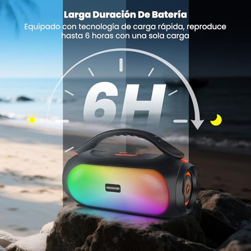 AUDISHAKO Bocina Bluetooth ADS-800, Bocina Portátil Impermeable IPX5 con RGB Boombox, Mango Iluminado, 800W, 3 Modos EQ, Recargable, USB/AUX/TF para Viaje, Fiesta y Hogar