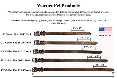 Warner Brand Cumberland Leather Dog Collar + Free Engraved Brass ID tag (21" Fits 15-19" Neck, Rich Brown)