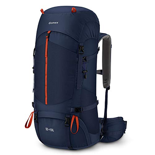 Gonex 55L / 65L Hiking Internal Frame Backpack Outdoor Backpacking Camping Trekking Climbing Backpack with Rain Cover for Men Women Navy