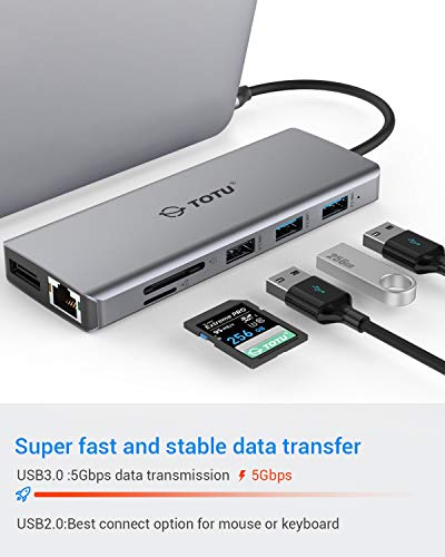 USB C HUB,TOTU 12 in 1 Triple Display Type C Hub Dongle (4K Dual HDMI and DP,2 USB3.0/2 USB2.0/75W PD/SD&TF Card Reader/Mic&Audio) for Windows&Mac OS Type C Laptops,Only Windows Support Triple Display