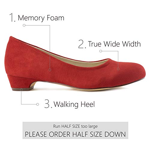 Women's True Wide Width Low Walking Heel Comfortable Dress Pumps - Plus Size Friendly RED Size.6
