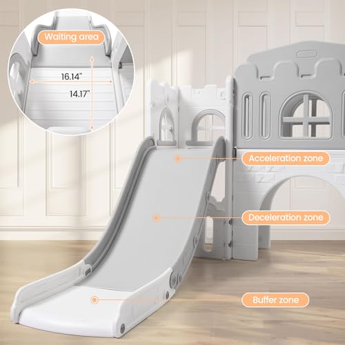 Garvee 8-in-1 Toddler Slide Playset for Kids Age 1-3, Freestanding Indoor Outdoor Baby Playset with Basketball Hoop, Steering Wheel, Telescope, Crawl Tunnel and Toy Storage
