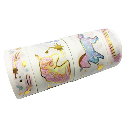 lovielf Unique Design Watercolor Unicorn Gold Foil Glitter Feather Rainbow Washi Tape Set of 4 Rolls â€“ Planner Decorative DIY Japanese Masking Adhesive Sticky Paper Washi Tape Set