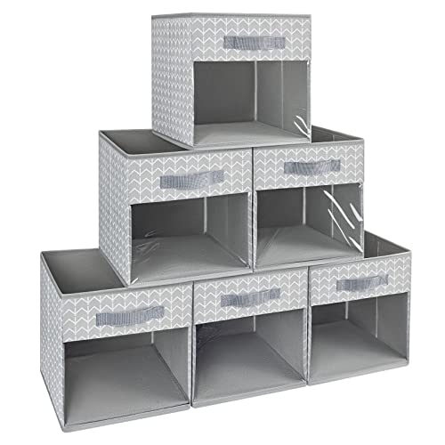 DIMJ Foldable Storage Cubes, 6 Packs Clear Window Storage Bins with Handle, Fabric Cubes Baskets for Shelves, Storage Boxes for Clothes, Toys, Books, Other Sundries, Grey and White
