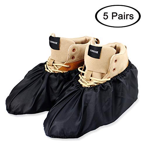 LINKEASE Reusable Boot & Shoe Covers Water Resistant Non Skid and Washable for Real Estate Contractors to Keep Floors Carpets Footwear and Rooms Clean - 5 Pairs (Large, Black)