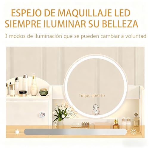 Vabches Tocador con Luces LED Regulables, Mesa de Maquillaje con 2 cajones, 3 Puertas y 1 Estante, Espejo de Pantalla táctil con iluminación Regulable,Tocador para Dormitorio(Blanco)