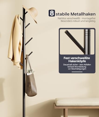 Clothes Rack with 8 Hooks, 3-Way Height Adjustable, Modern Coat Tree Made of Sturdy Metal with Sintered Stone Base for Office and Bedroom, Ideal for Coats, Hats and Bags (30 x 30 x 167 cm)