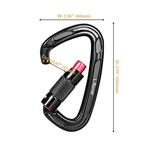 L-Rover Ultra Sturdy Twist Lock Climbing Carabiner Clips, Auto Locking and Heavy Duty Caribeaners, x2/24kN/5400-pound Rating for Hammocks, Rappelling (Auto Locking,24KN,Black/Red)
