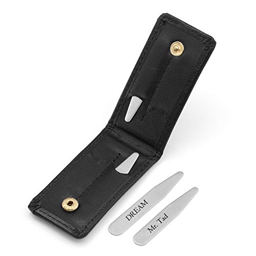 Personalized Master Free Engraving Custom Engraved Stainless Steel Collar Stays Travel Set for Men Dress Shirt Stiffeners in Genuine Leather Case Holder Wallet, 2.2" 2.5" 2.75" 3"