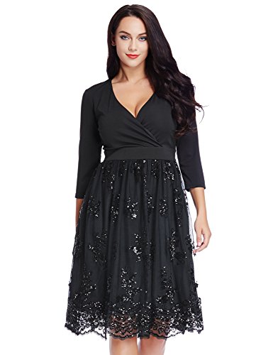 Grapent Women's Plus Size 3/4 Sleeve Surplice Sequin Mesh A Line Skater Dress Black 18W