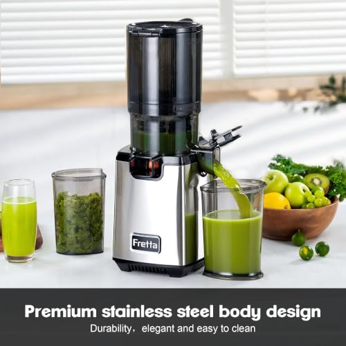 Fretta Cold Press Juicer, 135mm Feed Chute, Whole Fruit Juicer, Easy Clean | Less Prep, Family Batch Juicing, Quiet Operation for Daily Juicing, Stainless Steel Housing, Safety Lock and Reverse Function