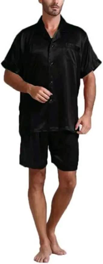 Mens Silk Satin Pajamas Sets Solid Short Sleeve Button Down Tops Shorts Sleepwear Summer Pjs 