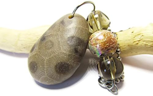 Smokey Petoskey Stone 30 In Necklace USA Chain Lake Michigan Fossil with Swirly & Smokey Glass Beads
