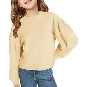 Sunborui Girls' Puff Long Sleeve Crew Neck Sweatshirt Casual Cute Oversized Pullover Tops with Raw Hem