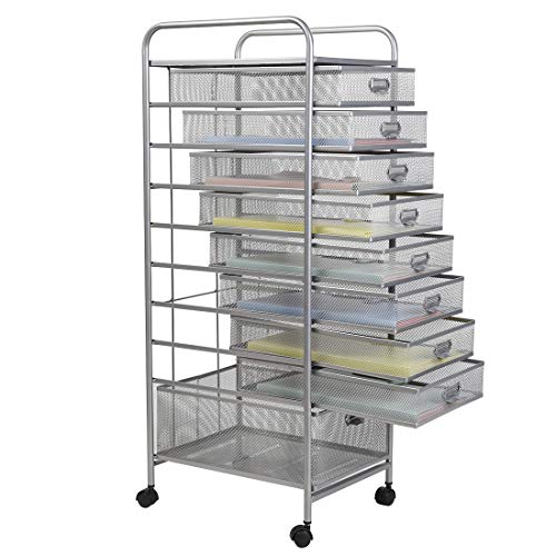 Metal Mesh 9 Drawer Rolling Cart Storage Organizer File Basket Cart Office&Home Cabinet-Silver