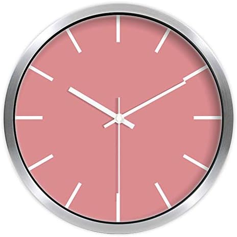 Short Pink Minimalist Wall Clock Style, Living Room and Bedroom Table with Steamed Quartz Table, 14 Inch, Silver Metallic Box