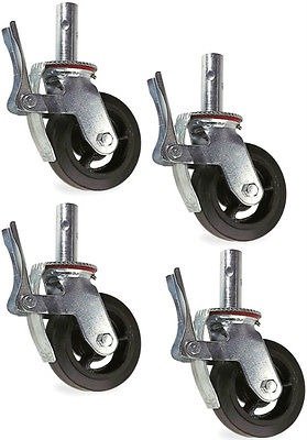 (Four)Clearance Scaffolding Caster with 8" Rubber Mold-on Steel Wheel with Foot Activated Brake 2000# Total Capacity & 1-3/8" Diameter x 4" High Round Stem (Overall Wheel Size 8 x 2 Wheel 13.5 Tall)