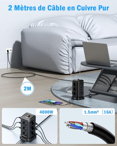 TOPREK Power Strip Tower with 12 French AC Sockets and 1 USB C (20W PD3.0) and 3 USB A and 2 M Electric Extension Cable and 1 Switch, 4000W/16A, Surge Arrester Power Strip for Office and Home, Black