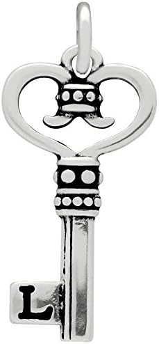 Noureda Sterling Silver Key Charm with Swirl Heart Design and L Lettering, Charm Dimensions of 26MMx13MM