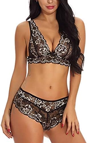 Mnyycxen Sexy Bra and Panty Set Lace Lingerie Strappy Babydoll Bodysuit 2 Piece Outfits