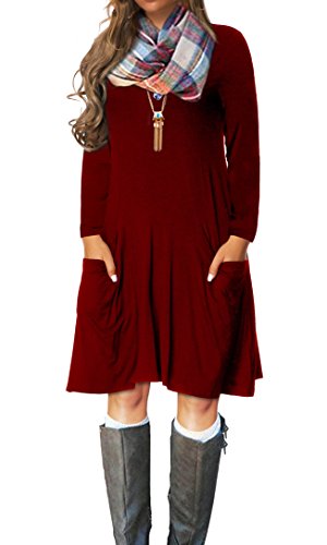 VERABENDI Women's Casual Long Sleeve Loose Pocket Dress Burgundy L