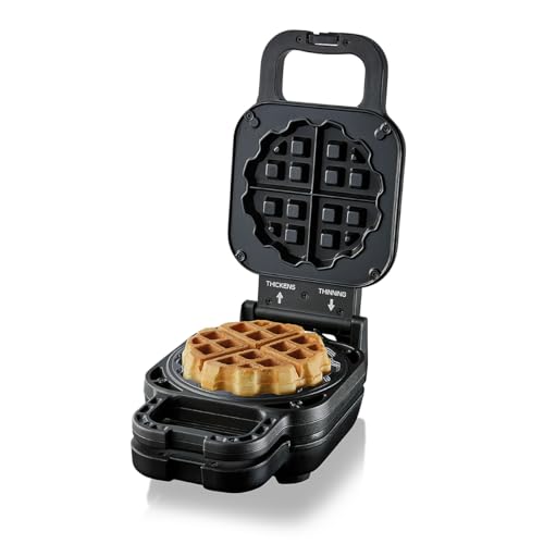 Cloer 6150 Waffelkucheneisen für gefüllte Waffelkuchen, bis zu 5 cm hohe Waffel, 11,5 cm Durchmesser, höhenverstellbarer Abstandsring, Antihaftbeschic
