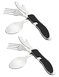 WZT 2 Pieces Stainless Steel Camping Cutlery 4 in 1 Multi-Function Folding Pocket Fork Spoon Knife Bottle Opener Kits Outdoor Tableware for Hiking Survival Camping Travel