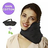 Travel Pillow Set : 100% Cotton Neck Pillow , 3D Sleep Mask , Ear plugs - Airplane Pillows - Memory Foam Travel Neck Support - Car Bus Office Travel Pillow Scarf for Sleeping - Travel Essentials Black