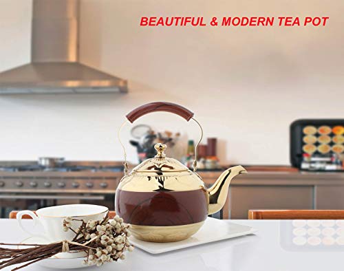 OMGard Gold Tea Pot with Infuser Loose Tea Leaf 2 Liter Stainless Steel Teapot Coffee Water Small Kettle Filter Set Warmer Teakettle for Stovetop Induction Stove Top 2.1 Quart / 68 Ounce - Thumbnail 6