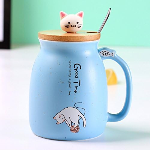 New sesame cat heat-resistant cup color cartoon with lid cup kitten milk coffee ceramic mug children cup office gifts (Blue)
