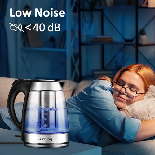 Electric Glass Water Kettle,1.7L Hot Water Boiler w/Filter, Blue LED Light | 2200W Tea Kettles with Stainless Steel Lid, Auto Shut-Off, Fast Boiling Transparent Heater Teapot for Home, Office, Kitchen