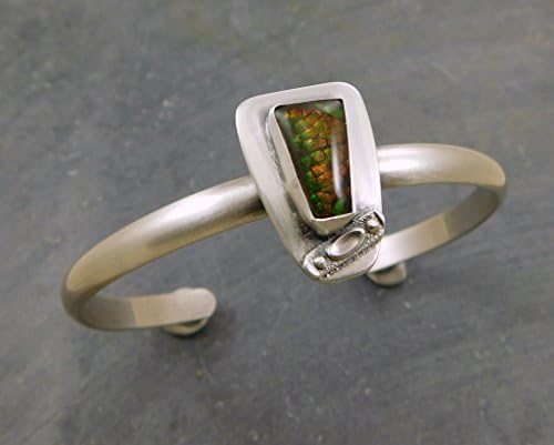 Canadian Ammolite Fossil Shell Orange Green Flash Stone Sterling Silver Cuff Bracelet