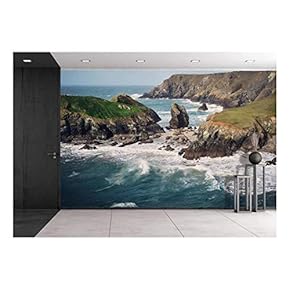 Coast Landscape with Mountains and Sea Waves - Removable Wall Mural | Self-Adhesive Large Wallpaper - 66x96 inches