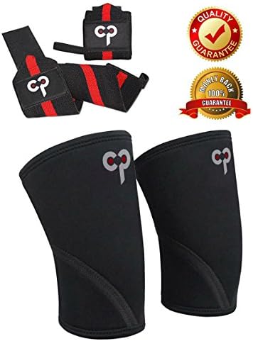 Optifit Knee Sleeves (1 Pair) with free wrist wraps (1 pair) Support and Compression for Weightlifting, Powerlifting, Crossfit and Running 7mm Thick(Large)