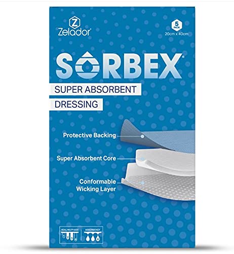 Sorbex Super Absorbent Dressing Pad for Moderate to Heavy Exuding Draining Wounds (20x40cm) Superior Moisture Absorption sterile and Breathable - Pack of 5