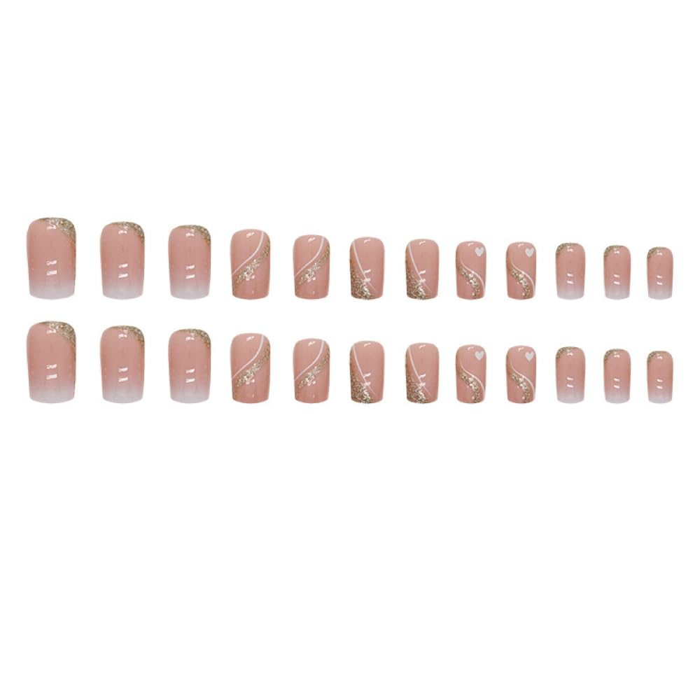 24 Pcs Nude Pink Press on Nails Medium Square - YEFIUO Glitter Fake Nails with Gold Swirl Designs Glue on Nails for Women Full Cover Glitter Sequins Acrylic Artificial False Glue on Nail for Festival - Image 5