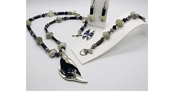 Amazon Com Handmade Jewelry Set Sodalite In Silver Leaf Pendant Sodalite Lapis Moonstone Kiwi Jasper Crystal Pewter Necklace Bracelet 2 Pr Earrings Handmade