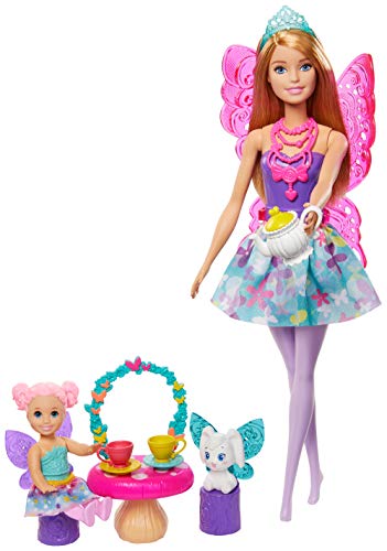 Barbie GJK50 - Dreamtopia Teeparty-Spielset mit Barbie Feen-Puppe, Kleinkind-Puppe, Teeset, Haustier und Zubehör…