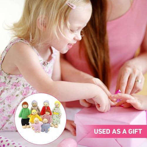 KOWVOWZ Dollhouse Family Figures, Wooden Doll Family People of 8 Figures, Wooden Doll House People for Girls Toddler Kids Dollhouse Accessories Toy