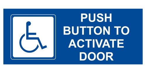 Push Button to Activate Door Label Decal, 10x4 in. 4-Pack Clear Vinyl with Front Adhesive for Enter/Exit Accessible by ComplianceSigns