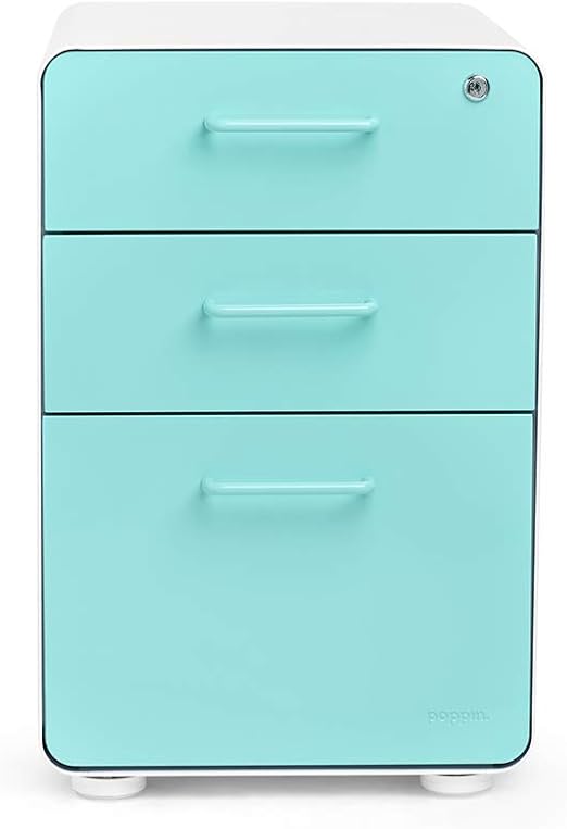 Amazon Com Poppin White Aqua Stow 3 Drawer Locking File Cabinet Available In 10 Colors Letter Legal Fully Assembled Home Kitchen