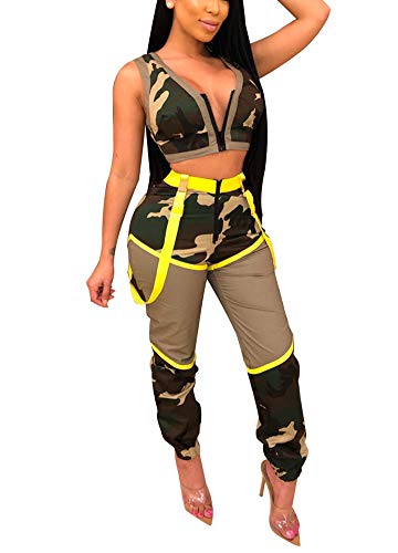 Deloreva Women Two Piece Outfits - Sexy Camouflage Zip UP Sport Bra Crop Vest Tank Long Pants Jogging Suit S - Thumbnail 5