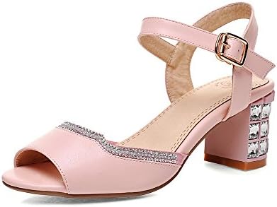 AgooLar Women's Buckle Peep Toe Kitten-Heels PU Solid Sandals, Pink, 32