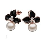 10mm Simulated Pearl Stud Earrings with Zircon Rhinestone Black Flower for Women