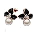10mm Simulated Pearl Stud Earrings with Zircon Rhinestone Black Flower for Women