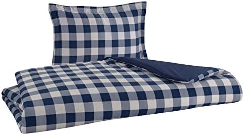 FLANNEL REVERSIBLE DUVET SET 100% Cotton Brushed on both sides 1 Duvet Cover 68" x 90" and a Pillow Sham 20" x 26" (TWIN, BUFFALO CHECK NAVY)